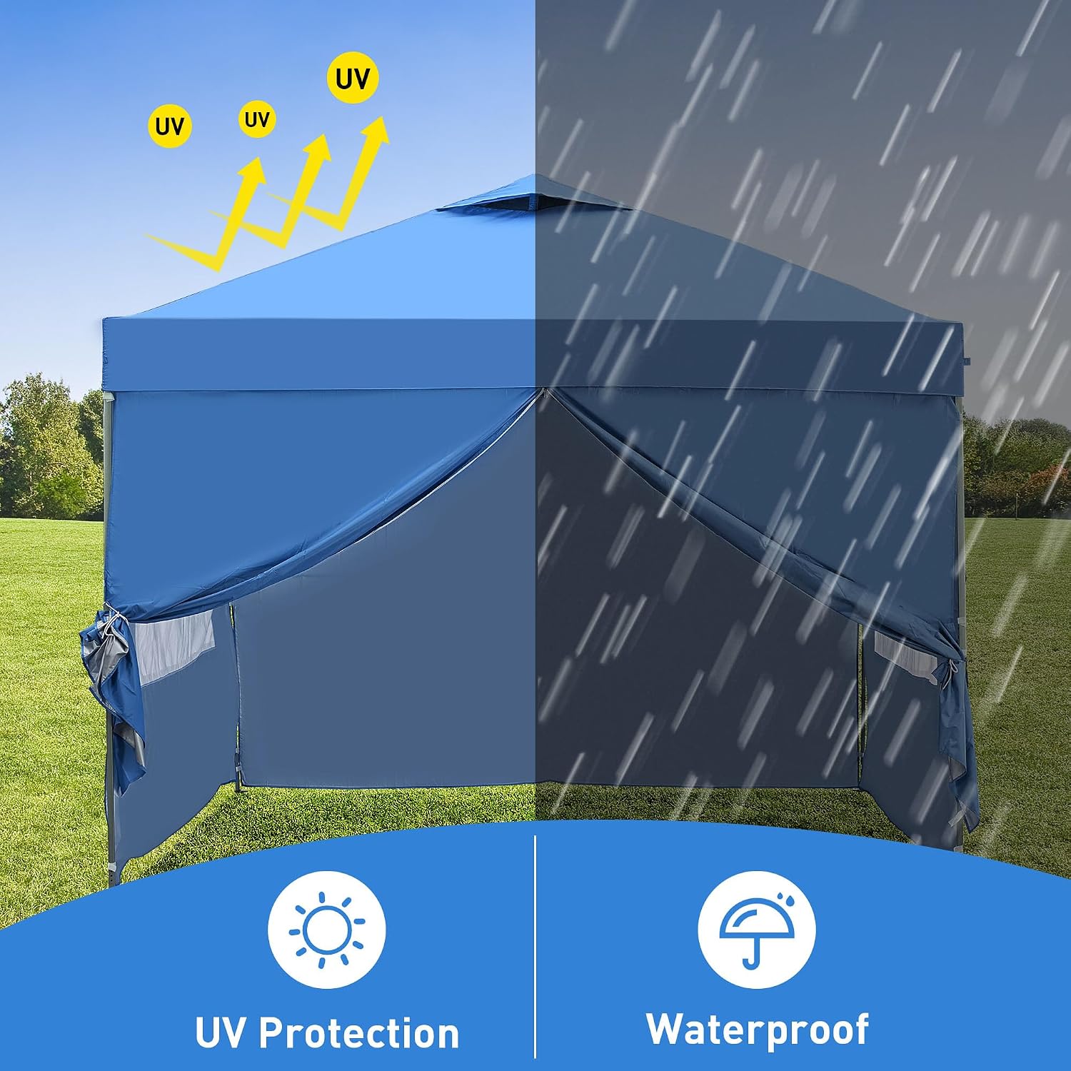 GDY 10x10ft Pop Up Canopy Tent with Sidewalls, Beach Tent, Easy Set up Gazebo for Events, Parties, Camping, Blue.