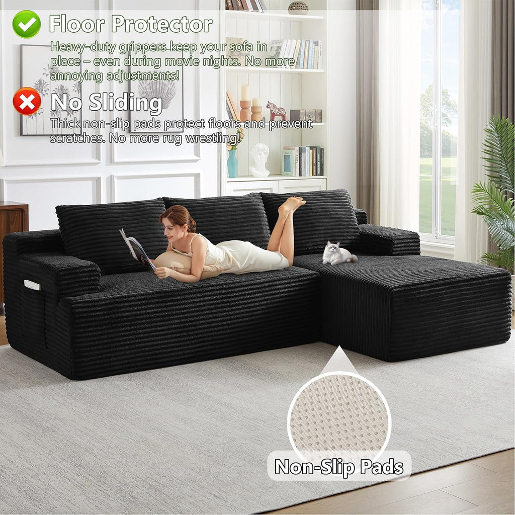 96' Modular Sectional Sofa, Modern Corduroy Cloud Couch with Side Pockets, Boneless Couch Upholstered 3-Seater L-Shaped Sofa for Living Room, No Assembly Required (Black, Right-Facing Chaise)