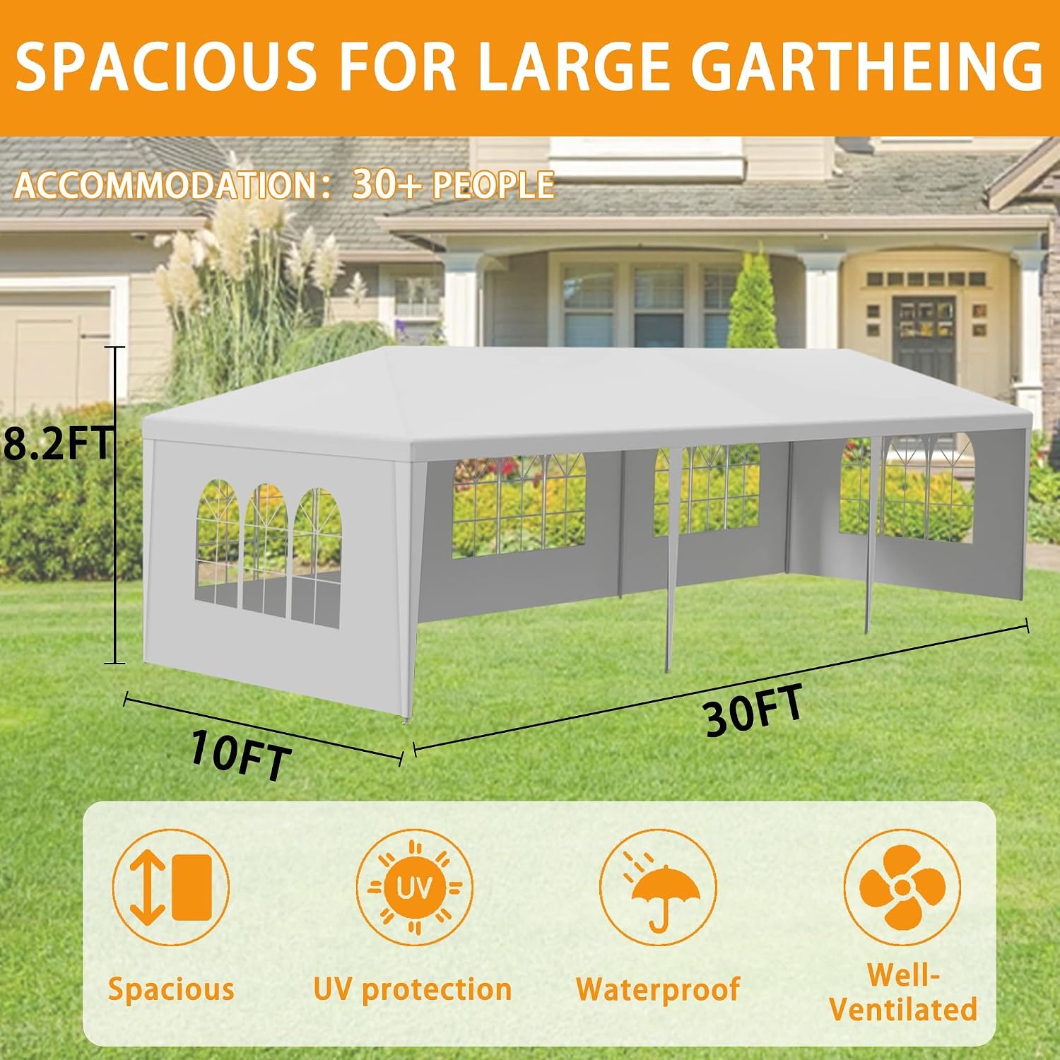 10x30 Party Tent Heavy Duty Outdoor Canopy Tents for Parties with 5 Removable Sidewalls Outside Large Gazebo Shelter Carpas para Fiestas for Backyard Patio Events Wedding BBQ, White