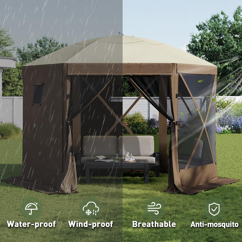 Aoxun 10x10FT Pop Up Canopy Tent, 6-Sided Pop-up Gazebo Screen Tent with Mesh Windows, Outdoor Canopy Shelter Tent with Carrying Bag, Large Shade Tents for Camping, Backyard, Patio, Lawn, Brown