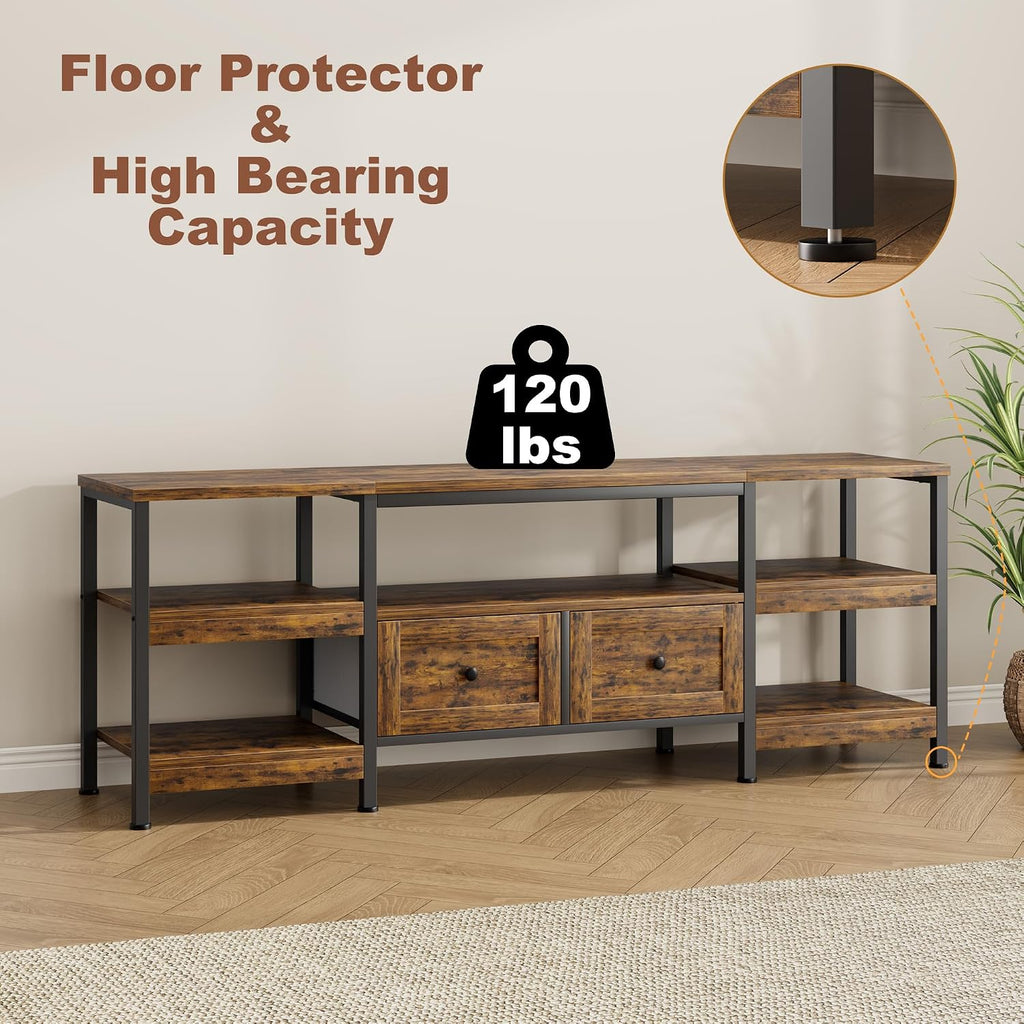 GarveeHome Rustic 63' TV Stand for TVs Up to 65', Industrial Media Console with 2 Drawers and Open Storage Shelves, Sturdy Metal Frame Entertainment Center, Brown