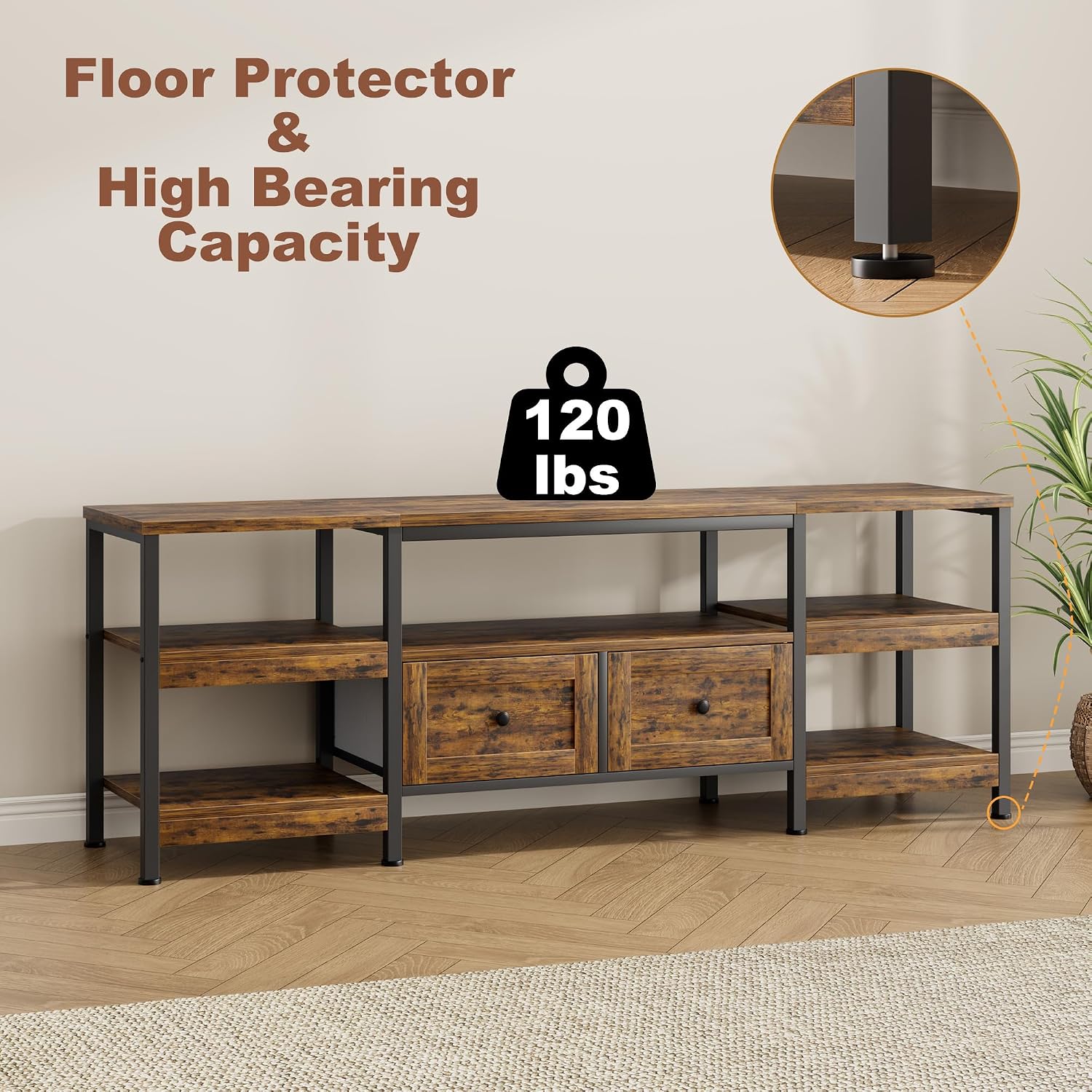GarveeHome Rustic 63' TV Stand for TVs Up to 65', Industrial Media Console with 2 Drawers and Open Storage Shelves, Sturdy Metal Frame Entertainment Center, Brown