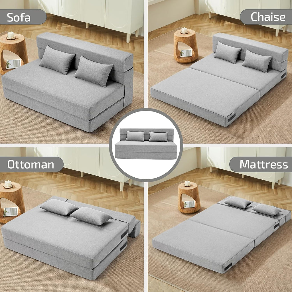 SUYOLS Folding Sofa Bed with Pillows- Convertible Chair Floor Couch & Sleeping Mattress, Foldable Memory Foam Sleeper for Living Room/Dorm/Guest Room/Home Office/Apartment/Loft, Full, Light Gray