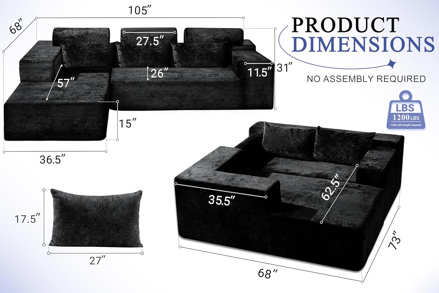 HABUTWAY 105' L-Shape Modular Sectional Sofa Couch for Living Room,No Assembly Required,Modular Comfy Sofa with Deep Seat for Living Room Bedroom,Luxury Distressed Velvet(Left,Black)