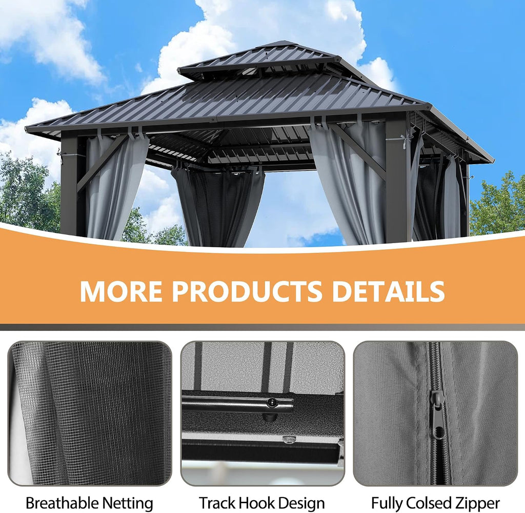 8.5'x8.5' Hardtop Gazebo, Heavy Duty Double Roof Galvanized Aluminum gazebos with Netting & Curtain, Outdoor Patio Gazebo for Patio, Backyard, Deck, Lawn (8.5x8.5 FT)
