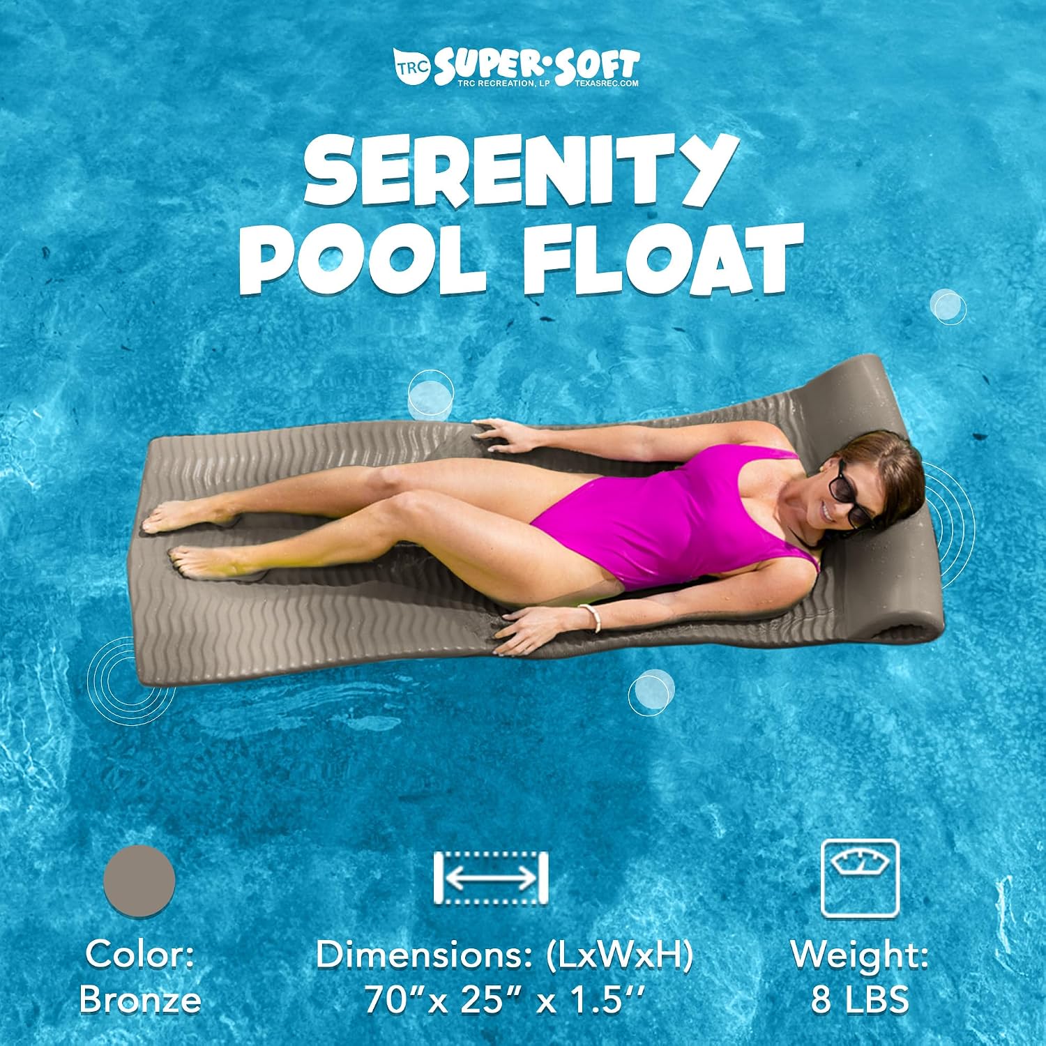 TRC Recreation Serenity 1.5' Thick Vinyl Coated Foam Swimming Pool Float Mat Adult Lounger with Built-in Roll Pillow