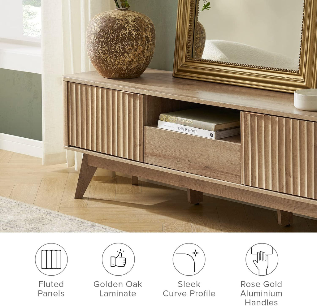 mopio Brooklyn Mid-Century Modern TV Stand, for TVs up to 50' / 59' Waveform Panel, Sleek Curved Profile with Adjustable Shelf and Sturdy Box Frame Leg (Golden Oak, 57')