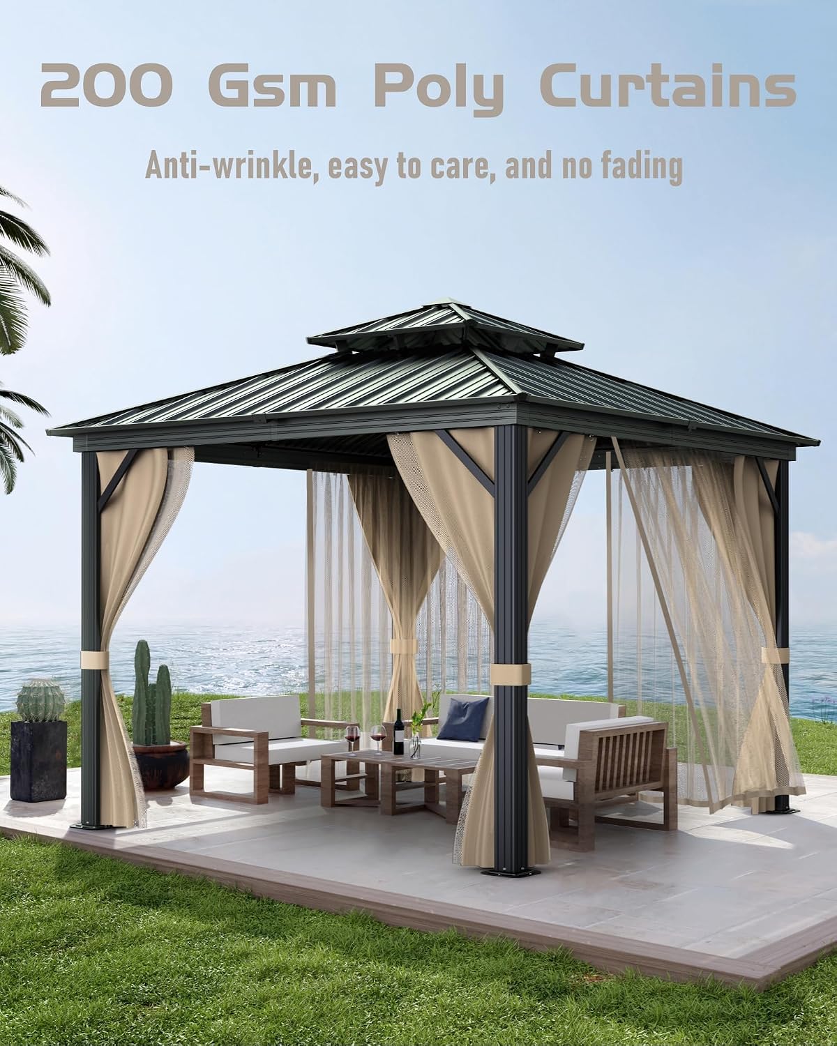10'x10' Hardtop Gazebo - Heavy Duty Galvanized Steel Frame with Double Roof, Includes Netting & Curtains for Patio/Backyard (Brown)