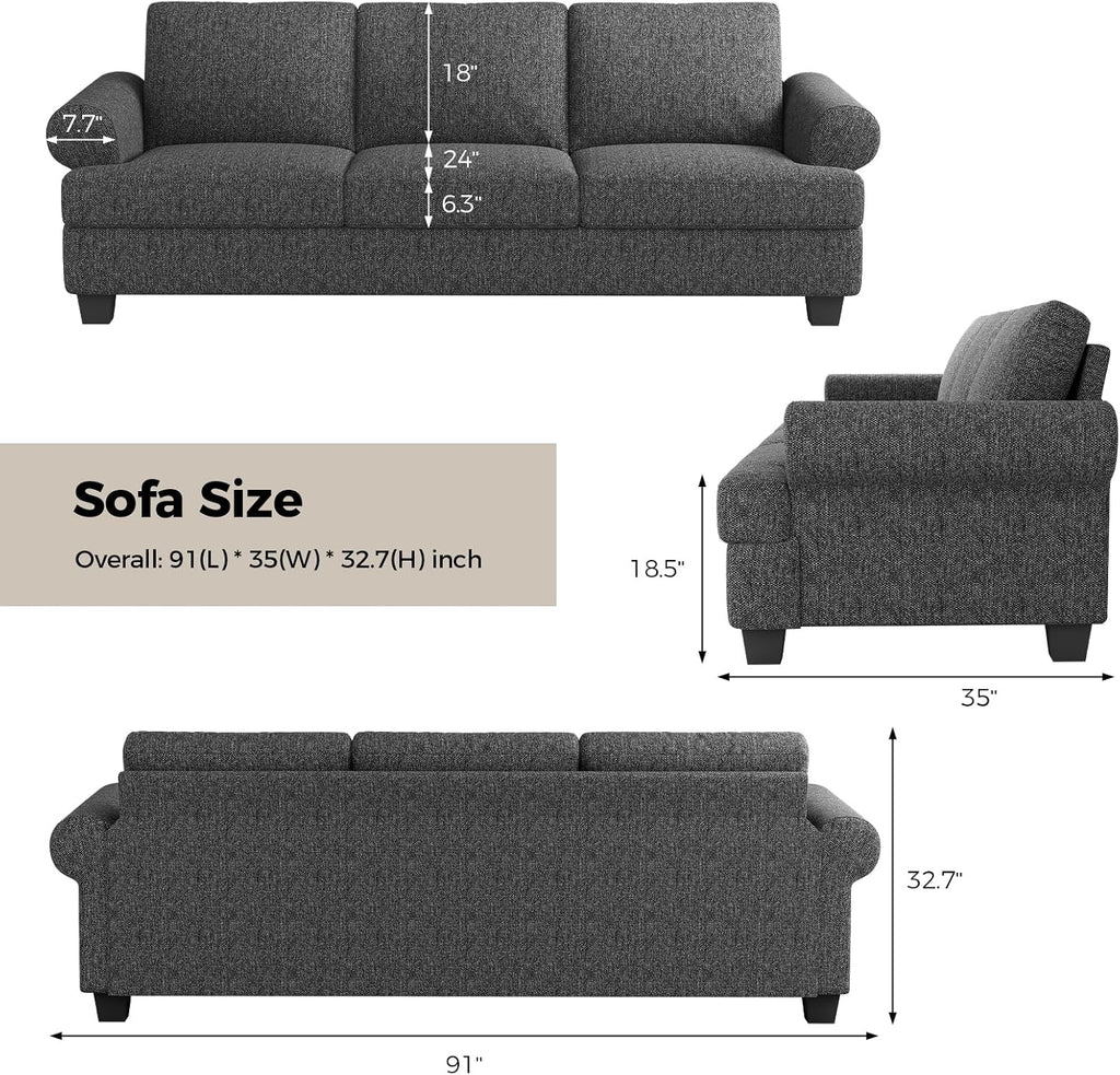 COPIAE 91 Inch Lawson Sofa with Extra Deep Seats Oversize, Mid-Century 3-Seat Sofa Couch, for Living Room, Apartment, Lounge, Dark Gray