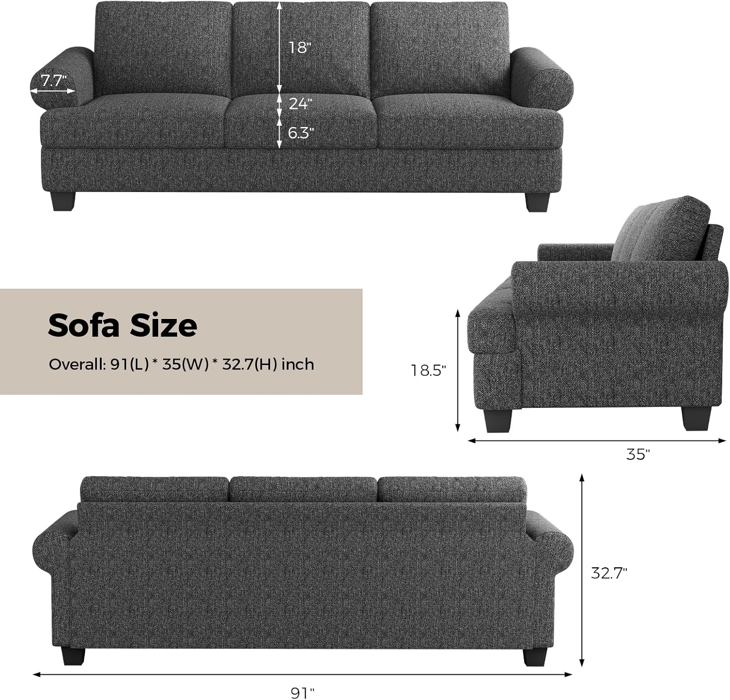 COPIAE 91 Inch Lawson Sofa with Extra Deep Seats Oversize, Mid-Century 3-Seat Sofa Couch, for Living Room, Apartment, Lounge, Dark Gray
