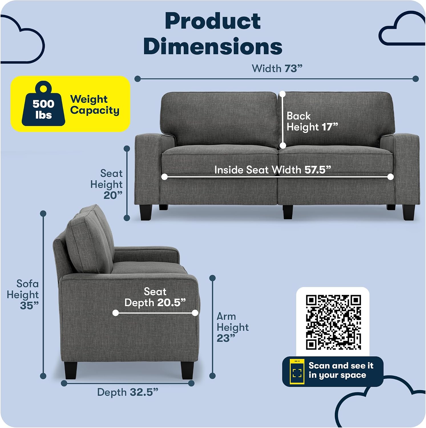 Serta Palisades 73' Track Arm Sofa, Easy Care Polyester, Soft Pillow Back, Pocket Coil Seat Cushions, Removable Covers, Loveseat or Couch for Small Spaces, Living Rooms or Bedrooms, Gray