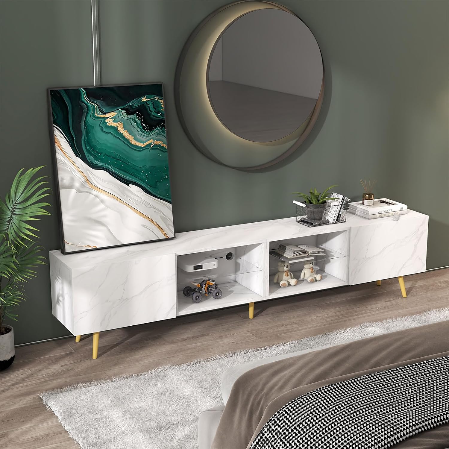 Bonzy Home 86' LED TV Stand, Modern Entertainment Center up to 75' TV, Television Console Table with Storage Cabinets for Living Room, White Marble
