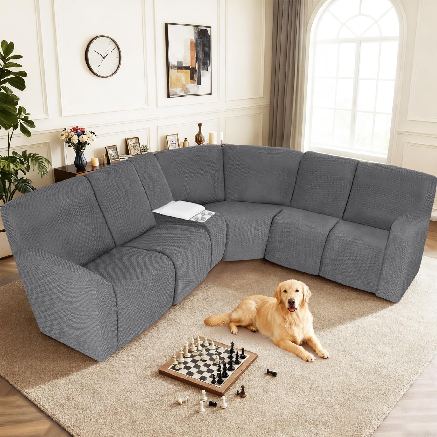 ALIECOM 100% Waterproof Recliner Sectional Couch Covers L Shape Stretch Corner Reclining Sectional Sofa Cover Washable Recliner Slipcover Protector for Dog Pet (5 Seat and 1 Console, Medium Gray)
