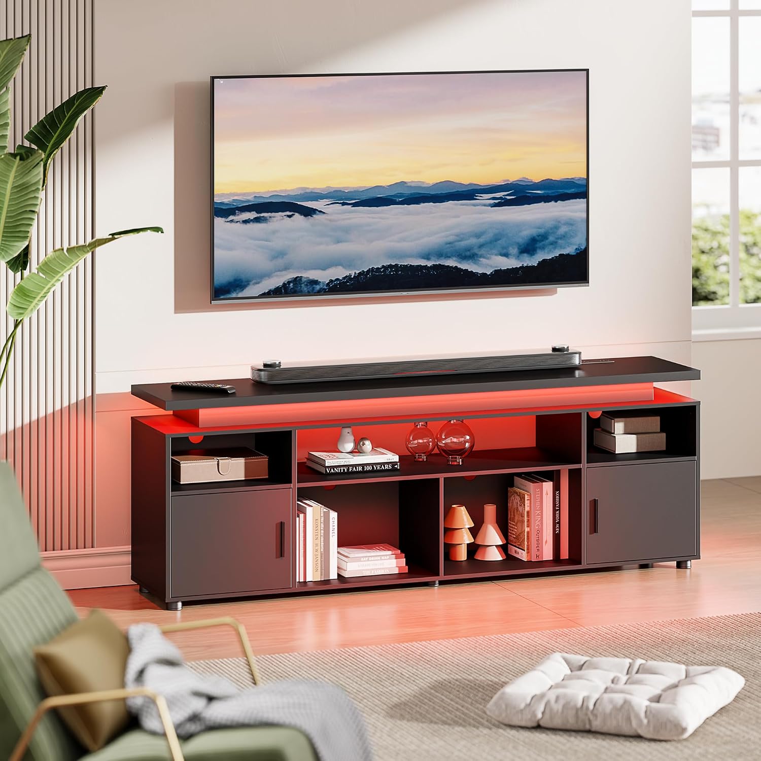 SUNCOZE TV Stand, Entertainment Center with LED Lights and Cabinet for 70/75/80 Inch TV, Modern TV Console Gaming Media Television Stands with Power Outlets for PS5 in Living Room and Bedroom, Black
