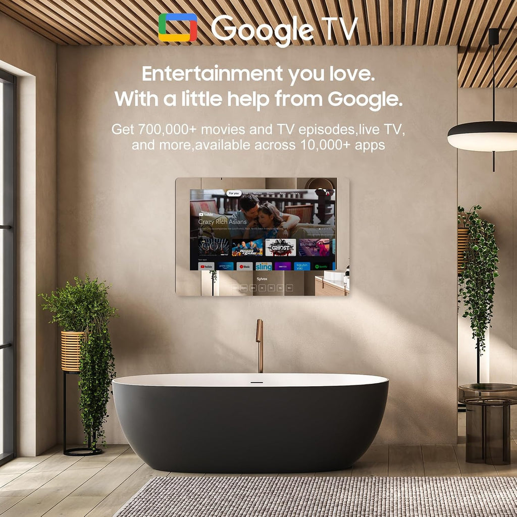 SYLVOX Bathroom TV, 24 inch Smart Mirror TV for Bathroom Shower SPA, Support Google, 1080P IP66 Waterproof Touch Button WiFi Bluetooth Google Assistant, Smart TVs for Indoor Humid Environment