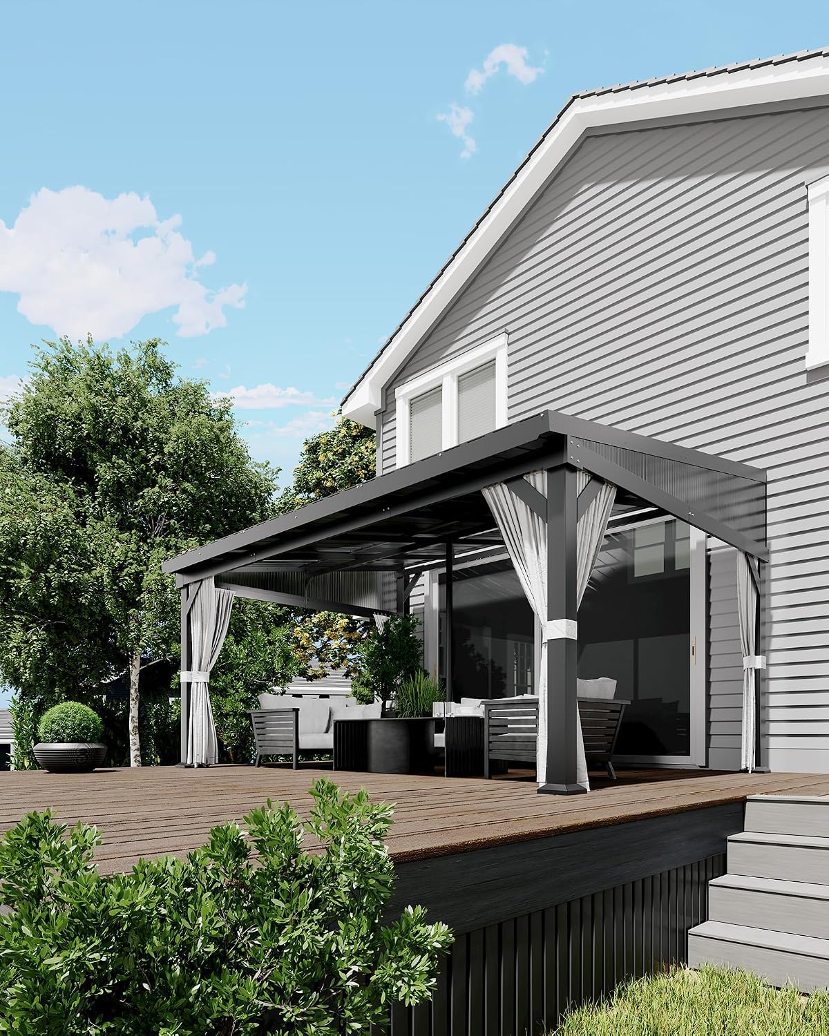 GAOMON 10'X14' Wall-Mounted Lean-to Gazebo – Galvanized Steel Roof with Gutters & Sliding Netting/Curtains, Weather-Resistant Pergola for Patio & Backyard