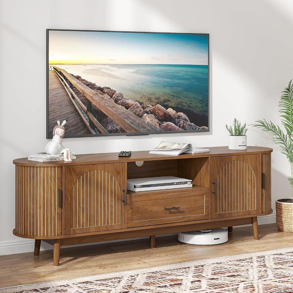 Mxtxmy 70' Fluted TV Stand for Tvs up to 80', Mid-Century Modern Entertainment Center with Drawers and Fluted Doors, Curved TV Media Console Table with Sliding Doors for Living Room, Bedroom (70')