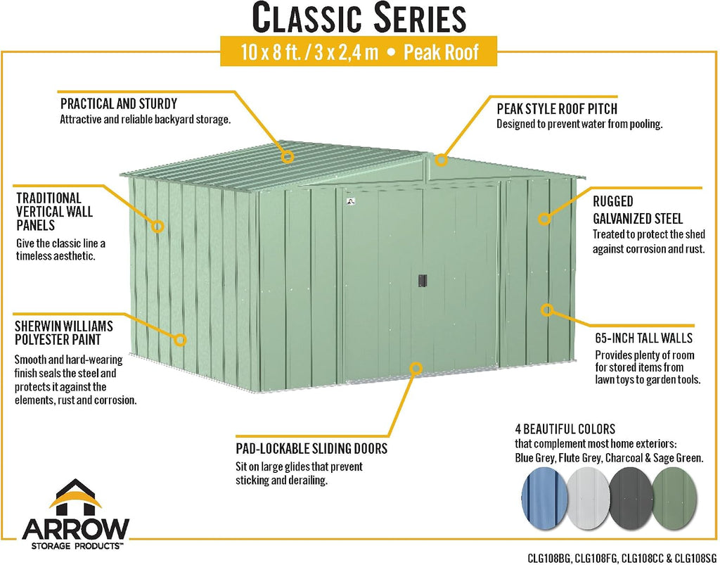 Arrow Sheds Amazon Exclusive Classic 10' x 8' Charcoal Steel Storage Shed with Included Floor Frame Kit