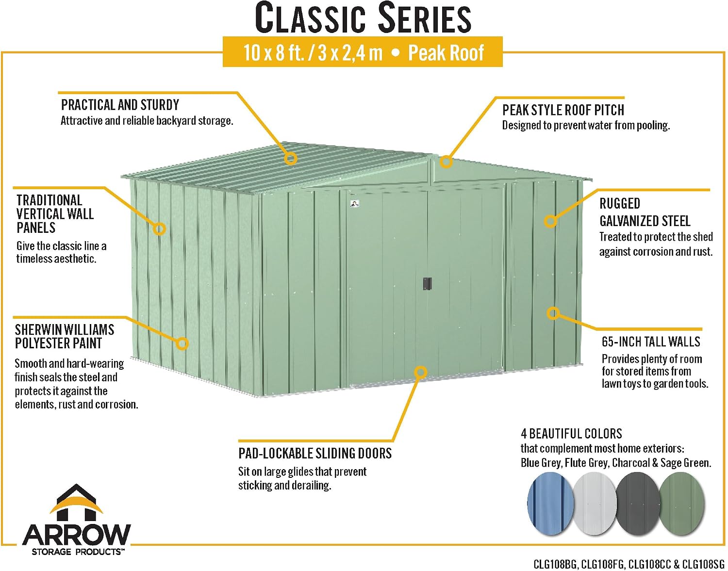 Arrow Sheds Amazon Exclusive Classic 10' x 8' Charcoal Steel Storage Shed with Included Floor Frame Kit