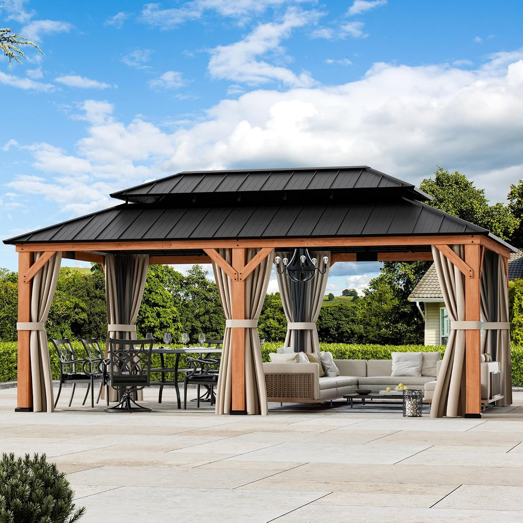 Big Leaf Wood Gazebo 12'x20', Cedar Frame Hardtop Gazebo with Double Galvanized Steel Roof & Grill Shelter, Mosquito Netting and Curtains, Sturdy Hook Design for Outdoor Patio, Deck, Garden