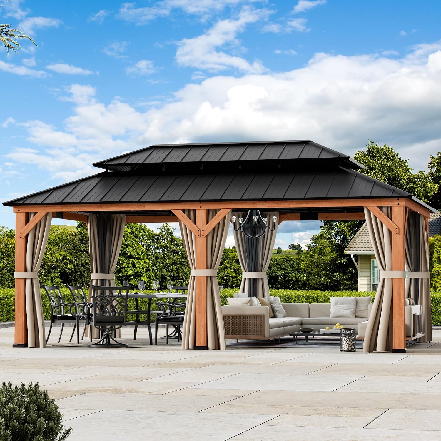 Big Leaf Wood Gazebo 12'x20', Cedar Frame Hardtop Gazebo with Double Galvanized Steel Roof & Grill Shelter, Mosquito Netting and Curtains, Sturdy Hook Design for Outdoor Patio, Deck, Garden
