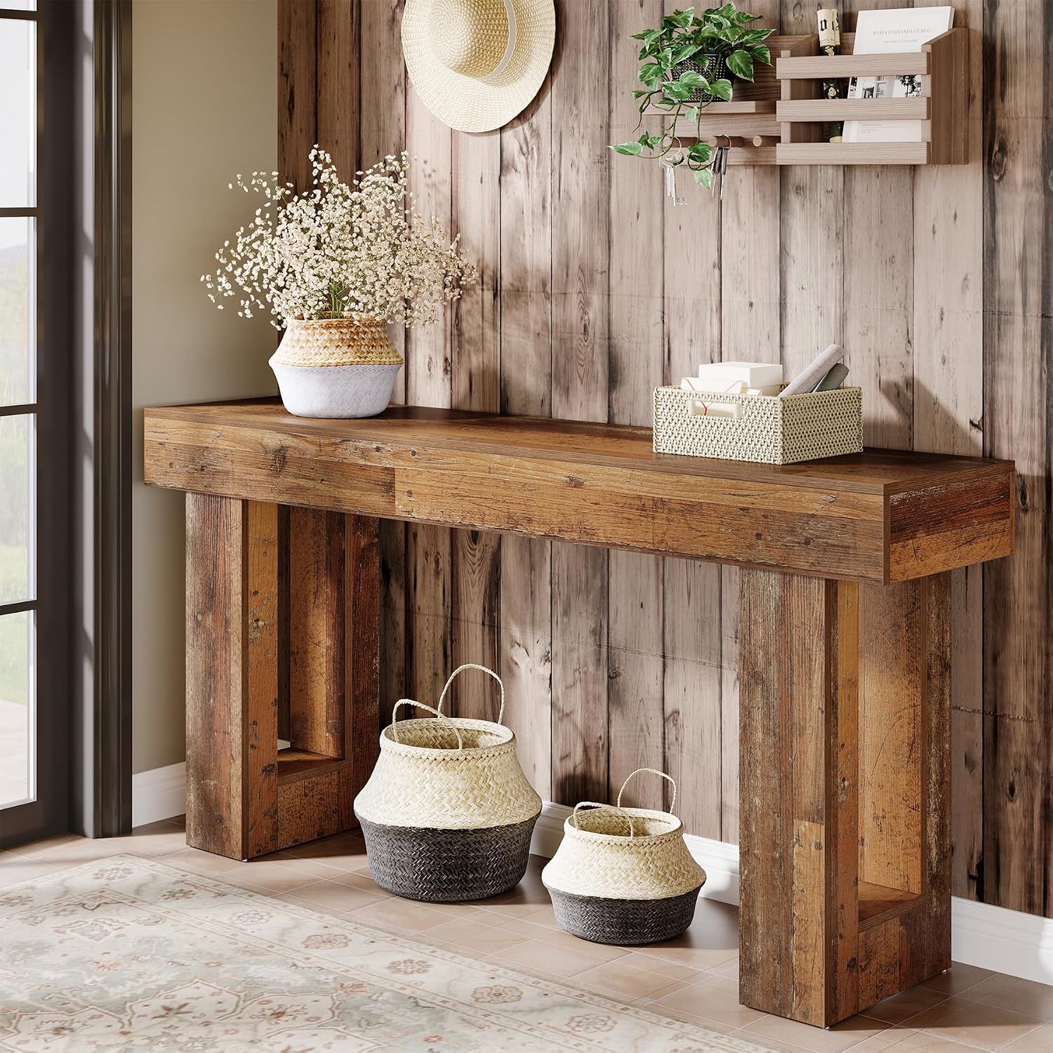 Tribesigns 63-Inch Long Console Table, Farmhouse Wooden Sofa Table Behind The Couch, Narrow Entryway Table for Entrance, Hallway, Living Room (Mix Brown)