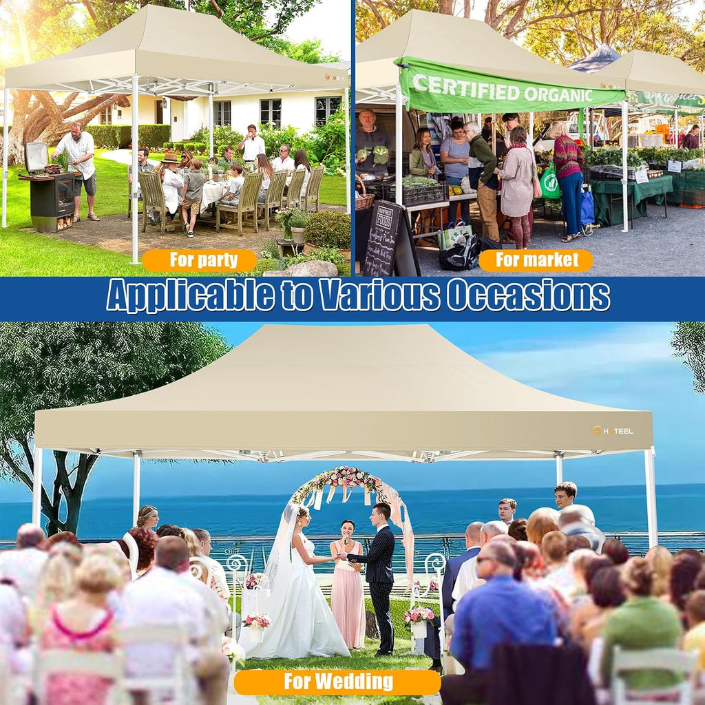 HOTEEL 10x15 Pop up Canopy Tent for Parties, Heavy Duty Easy Setup Tent Without Sidewalls, Outdoor Commercial Instant Gazebo for Wedding Event, with Roller Bag & Sand Bags, Khaki(Hexagonal Frame)