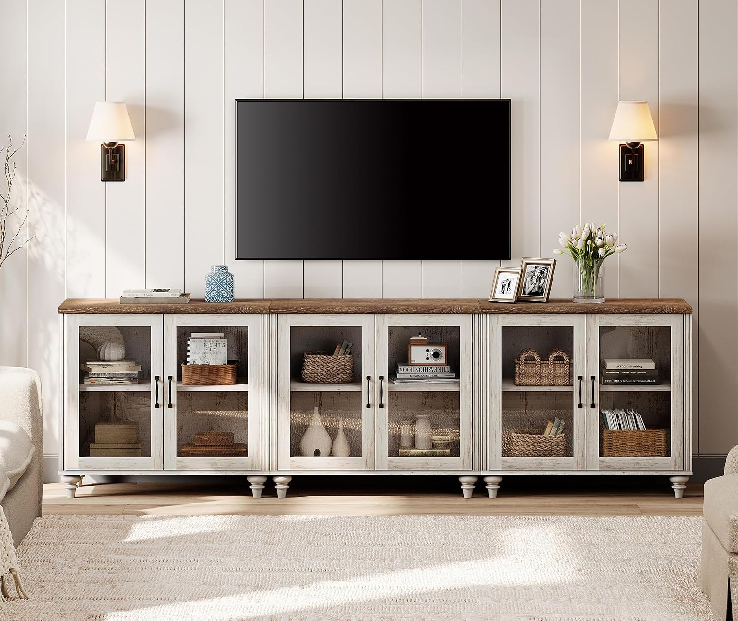 WAMPAT Farmhouse TV Stand for 100 Inch TV, Glass Wooden Universal TV Stand with 3 Storage Cabinets, Entertainment Center for 75/80/85/90 Inch TV, Console Table for Living Room, Bedroom, Rustic White