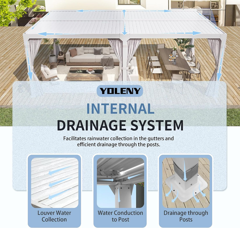YOLENY Louvered Pergola 10x20, Aluminum Gazebo with Adjustable Waterproof Roof, Curtains and Netting Included, Deck and Backyard, White