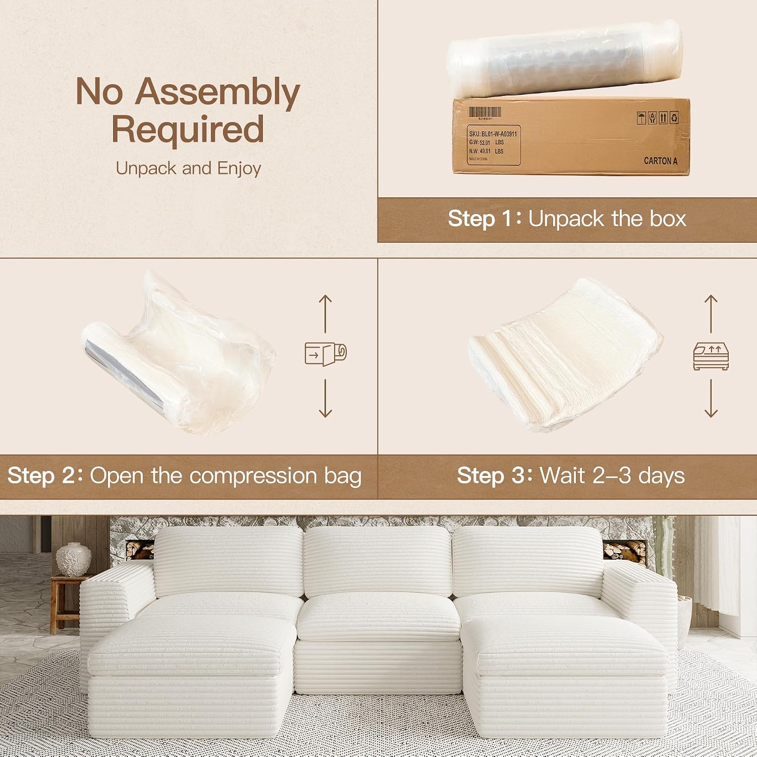 Cloud Modular Sectional Sofa with Ottoman Boneless Sectional Couches for Living Room Plush Corduroy Fabric 3-Seater U Shaped Couch.White Sofa.