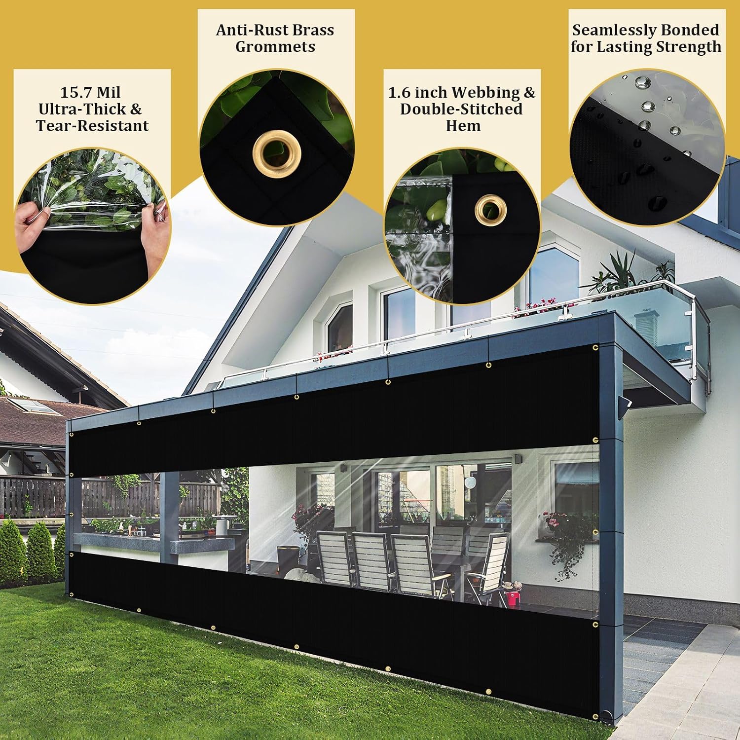 Shade&Beyond Outdoor Vinyl Curtain Customized Size, 7'W x 12'L Heavy-Duty Waterproof Clear Panel with Grommets, Privacy Clear Tarp UV-Resistant for Patio Enclosure Pergola Porch Gazebos, Black