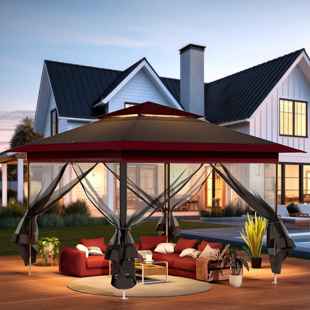 TLSUNNY 13' X 13' Pop Up Gazebo, Outdoor Canopy Tent W/4 Mesh Walls & Wheeled Bag, Screened Shelter with Netting, One-Person Set Up, Height Adjustable, for Patio, Yard, Party, Garden (Burgundy)