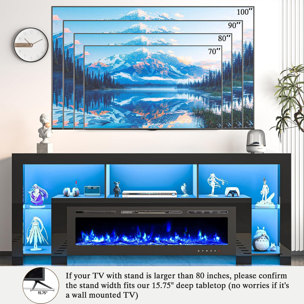 94.5' Fireplace TV Stand for TVs Up to 100', Gaming LED Entertainment Center, Modern High Gloss Media Console for Living Room, Glass Shelves & Open Storage, Black（no Fireplace）