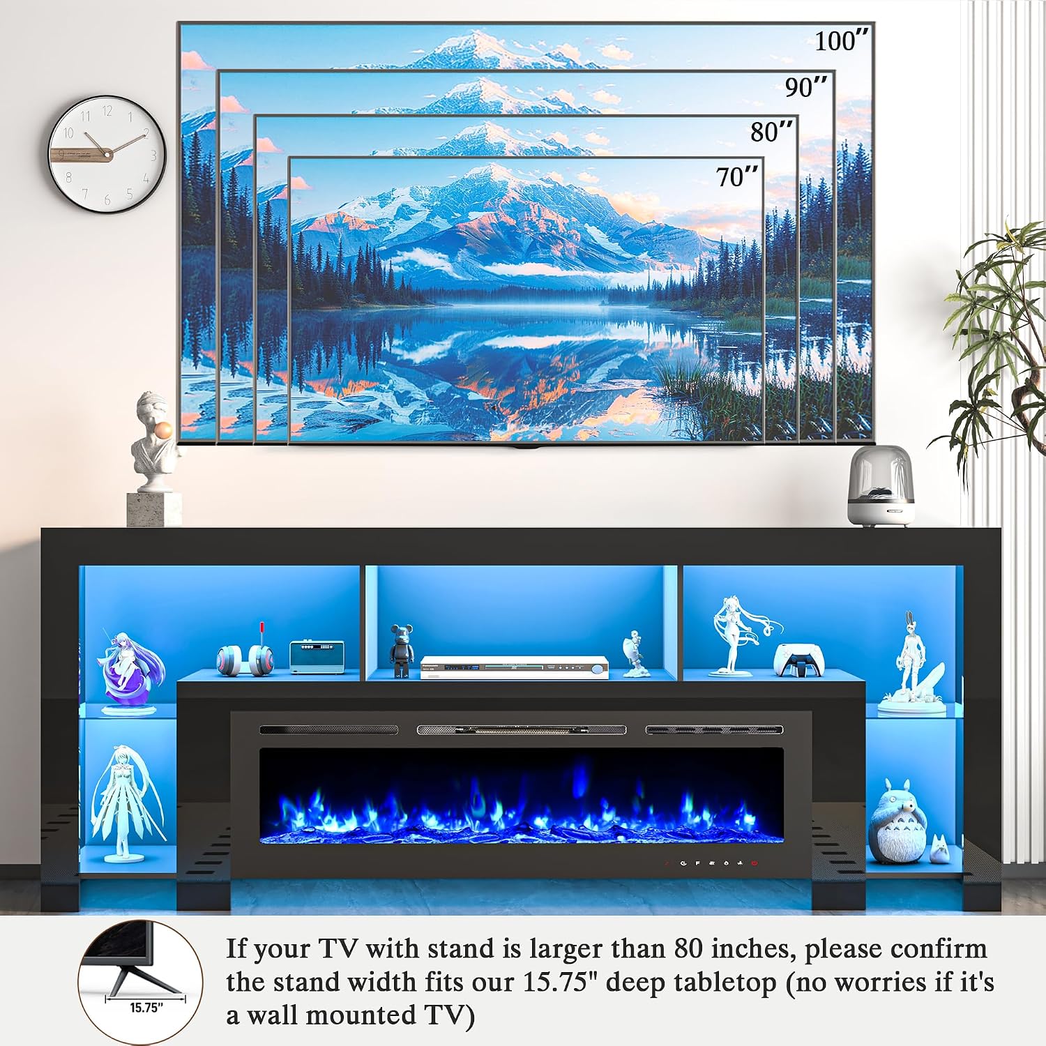 94.5' Fireplace TV Stand for TVs Up to 100', Gaming LED Entertainment Center, Modern High Gloss Media Console for Living Room, Glass Shelves & Open Storage, Black（no Fireplace）