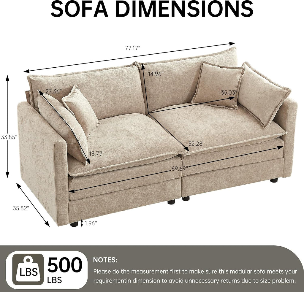 Modular Sectional Sofa, 77 Inch, Coffee, 2-Seater | Rectangle Shaped, With Armrests, Comfy Cloud Couches, For Living Room, For Apartment