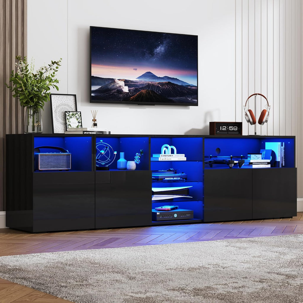 Hlivelood LED TV Stand for 85 Inch TV, Modern TV Stand with Power Outlet, High Glossy Modern TV Console Entertainment Center with Storage and LED Lights for Living Room, Bedroom, Black