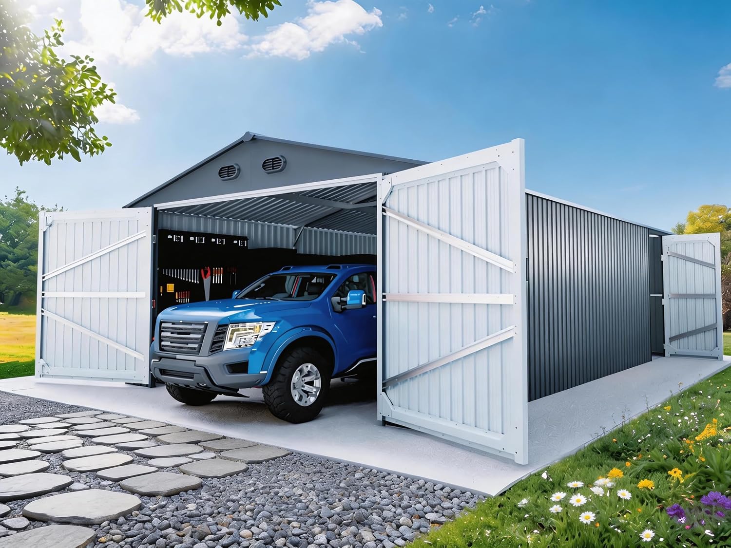 20x13 FT Outdoor Storage Shed, Metal Garage Shed with 2 Lockable Doors, Large Metal Building with 4 Air Vents, Galvanized Steel Prefab Garage Sheds for Car, Truck, Bike, Tool, Dark Gray