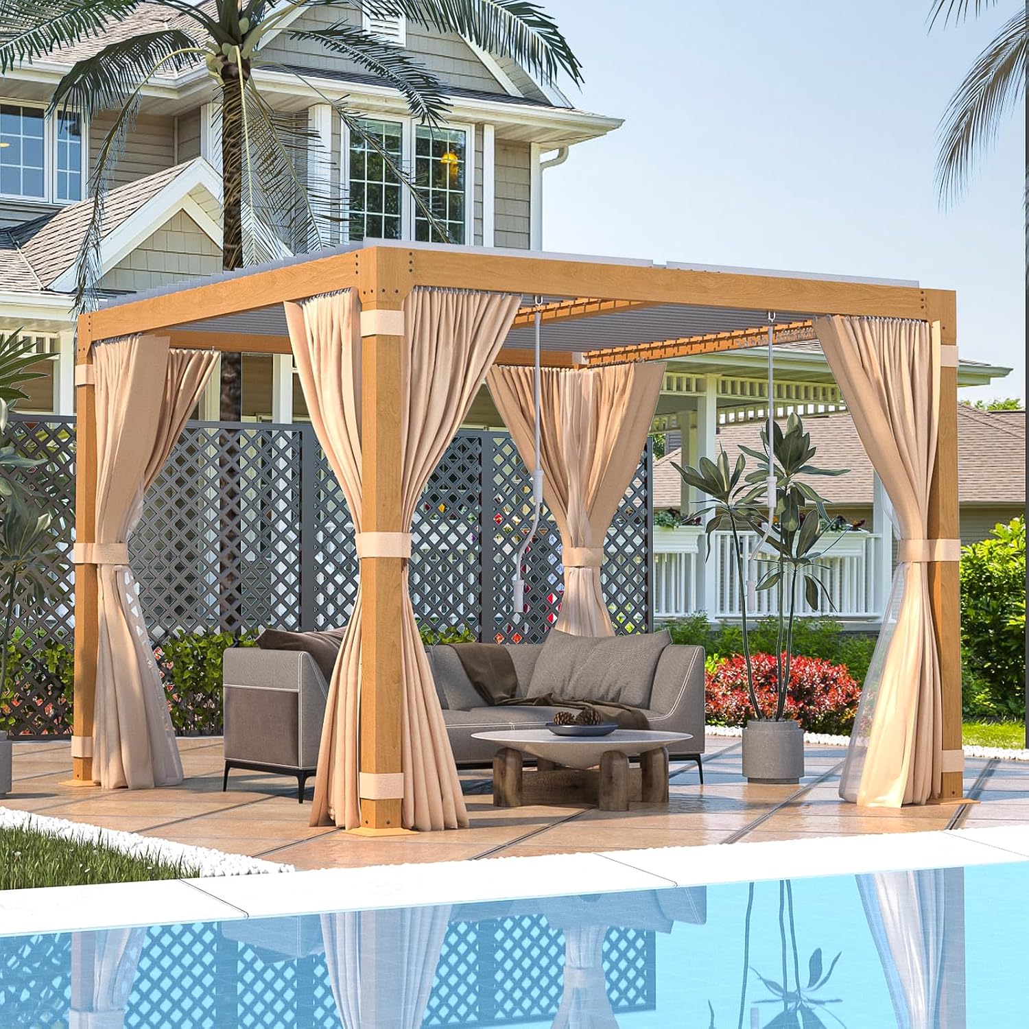 EROMMY Louvered Pergola 10x10, Outdoor Aluminum Pergola with Adjustable Rainproof Roof for Garden, Patio, Deck, Waterproof Curtains and Netting Included, Wood Grain