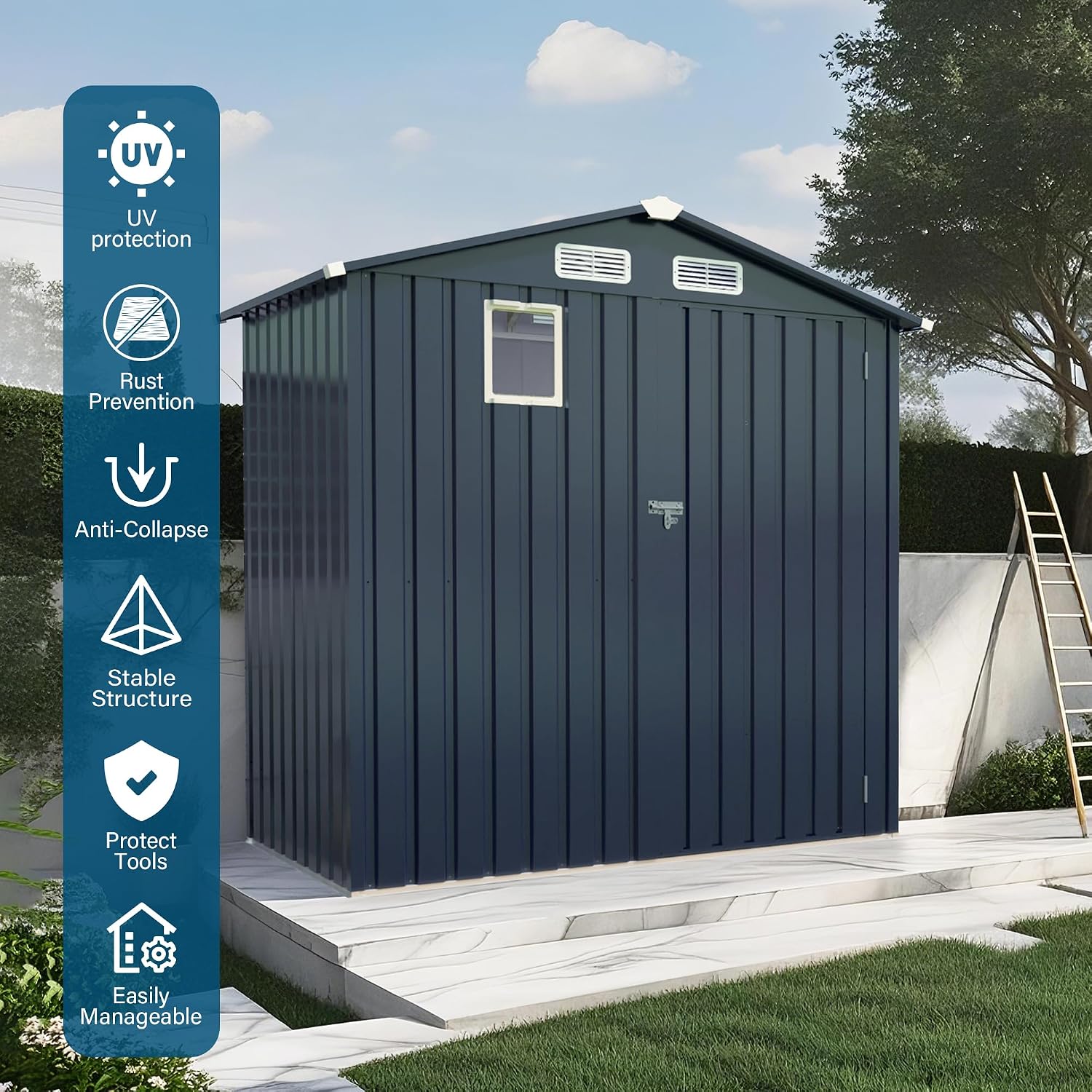 Metal Storage Shed, 6X3.6 FT Lockable Outdoor Tool Shed with Air Vent and Clear Windows, Galvanized Steel Garden Shed for Backyard, Patio, Garden, Bike Storage or Outdoor Use, Grey