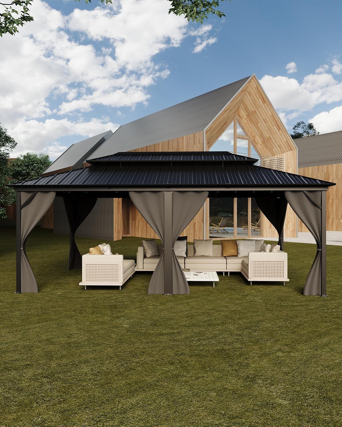 GAOMON Hardtop Gazebo 12'x20' for All Weather, with Double Metal Roof, Aluminum Alloy Frame, Net, and Curtain, Permanent Building of Backyard Luxury for Patio, Deck, Backyard, Lawn, and Garden, Gray