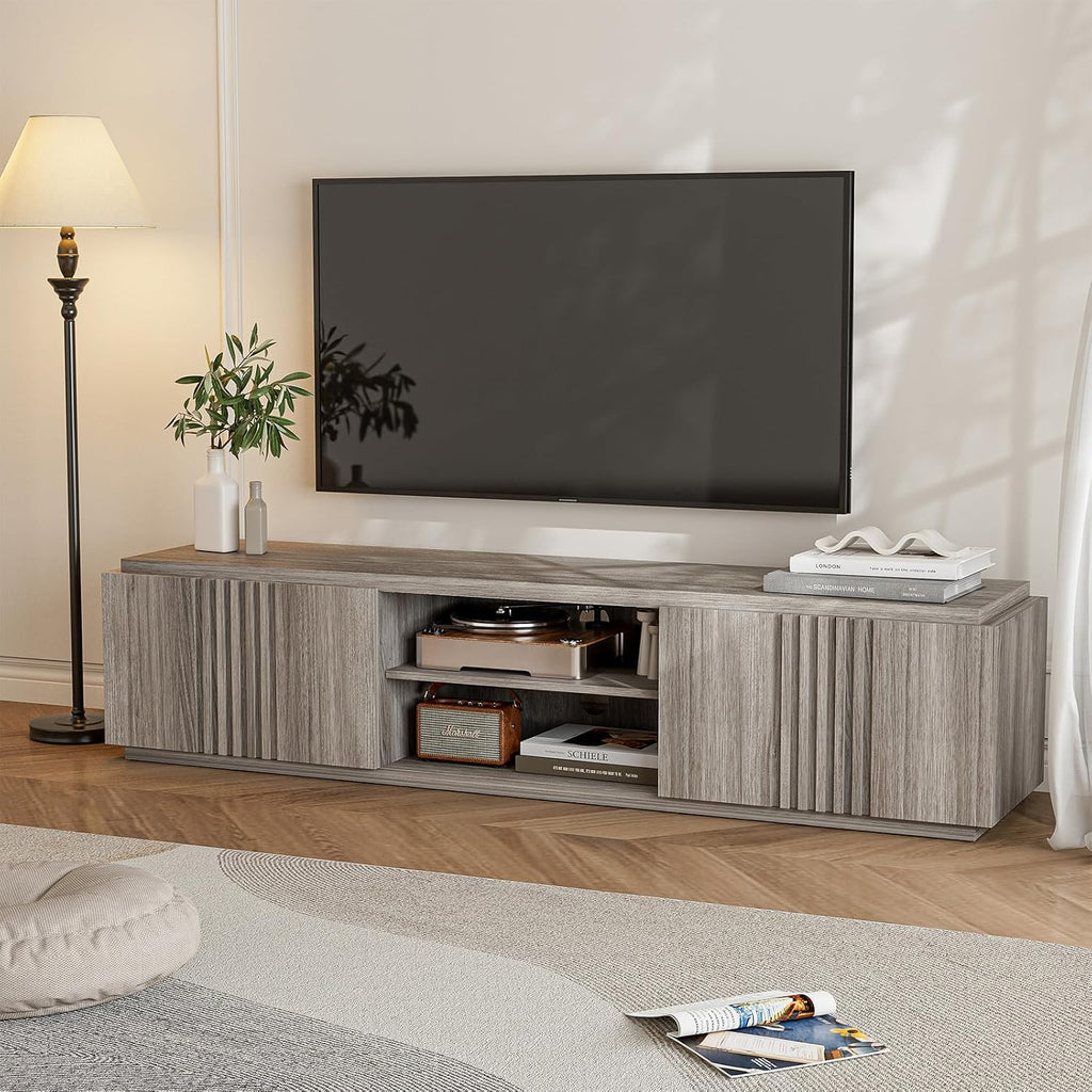BELLEZE 70' Fluted TV Stand for TVs up to 75', Media Entertainment Center Console Table with Oversize Drawers and 2-Tier Open Shelves, Wood Storage Cabinet for Living Room, 15'D x 70'W x 16'H-(Gray)
