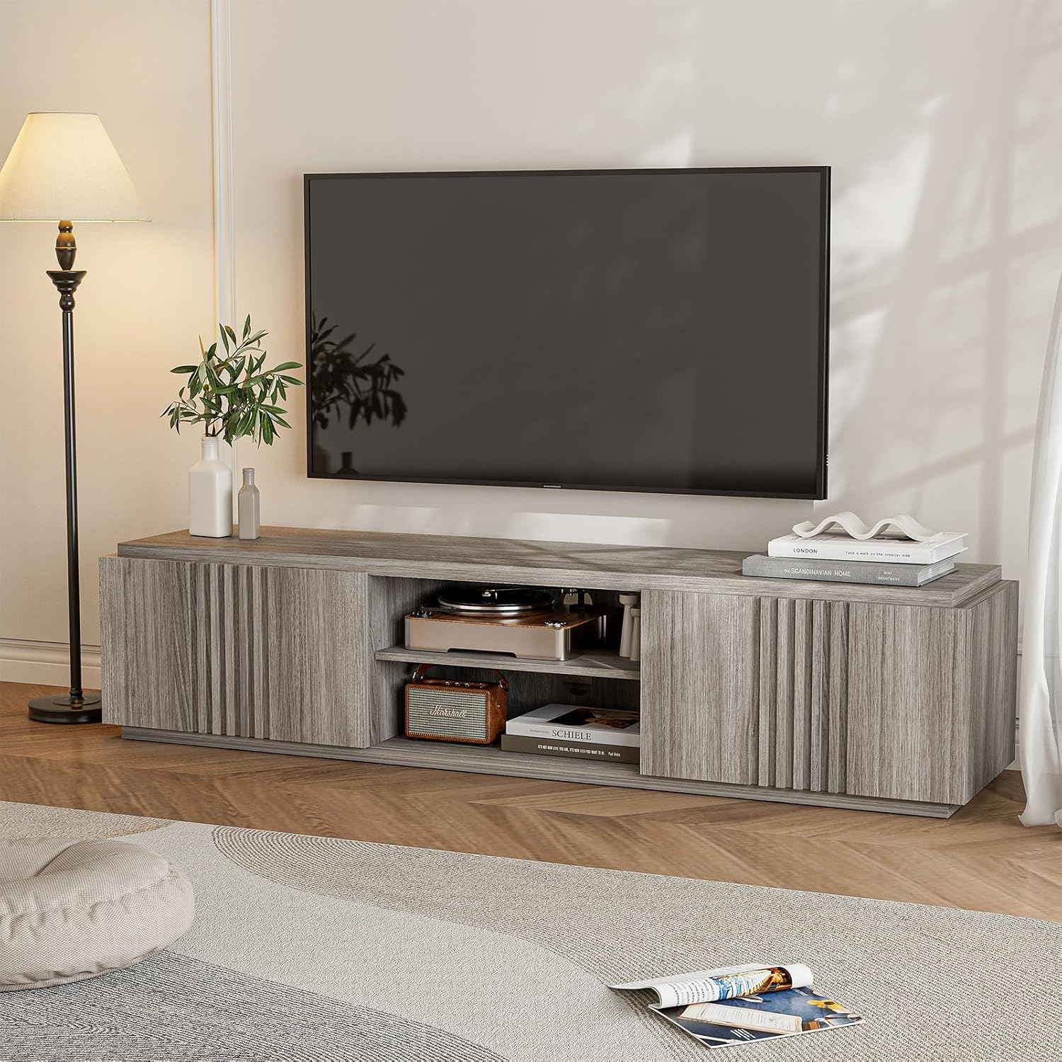 BELLEZE 70' Fluted TV Stand for TVs up to 75', Media Entertainment Center Console Table with Oversize Drawers and 2-Tier Open Shelves, Wood Storage Cabinet for Living Room, 15'D x 70'W x 16'H-(Gray)