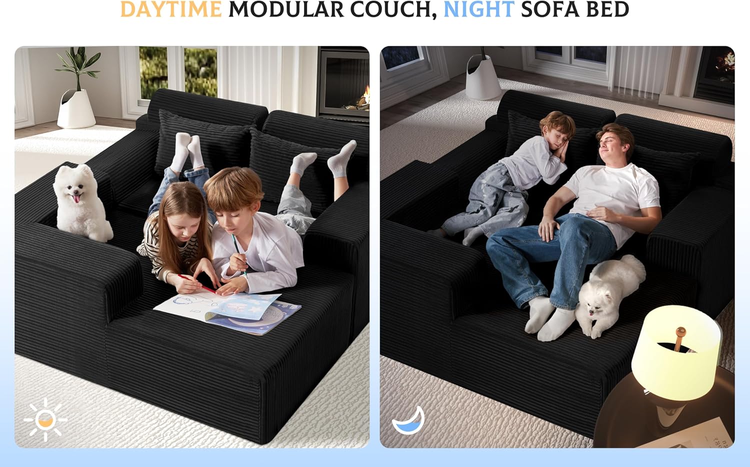 Homguava Modular Sectional Couches for Living Room,105' Cloud Couch with L-Shape Chaise,Comfy Sofa Living Room Sofas with Deep Seat,No Assembly L Couch,Corduroy Fabric(Black,L)