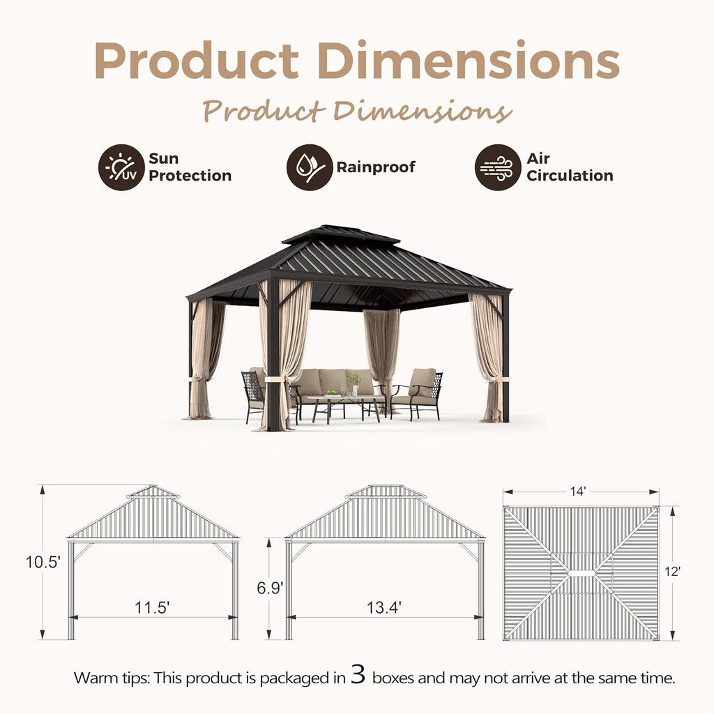MIXPATIO 12' x 14' Hardtop Gazebo, Galvanized Steel Metal Double Roof Gazebo, Permanent Outdoor Metal Pavilion with Curtain and Netting for Deck, Backyard, Patio, Lawns