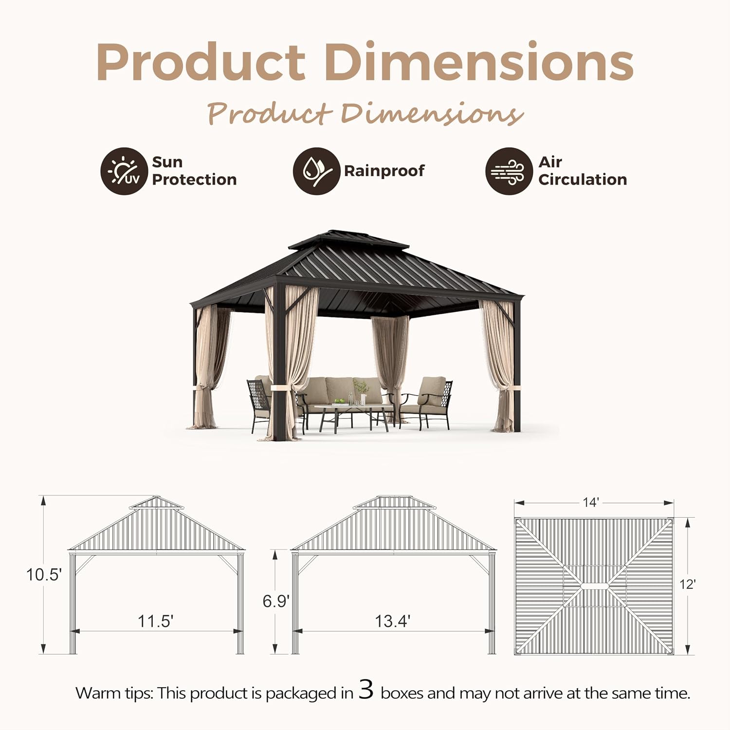 MIXPATIO 12' x 14' Hardtop Gazebo, Galvanized Steel Metal Double Roof Gazebo, Permanent Outdoor Metal Pavilion with Curtain and Netting for Deck, Backyard, Patio, Lawns