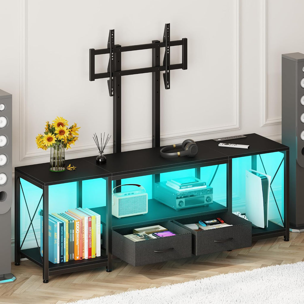 GYIIYUO LED TV Stand with Mount and Power Outlet & Fabric Drawers for 32-85 Inches TV - Entertainment Center and Industrial TV Console Table for Living Room, Bedroom- 46.5' Black