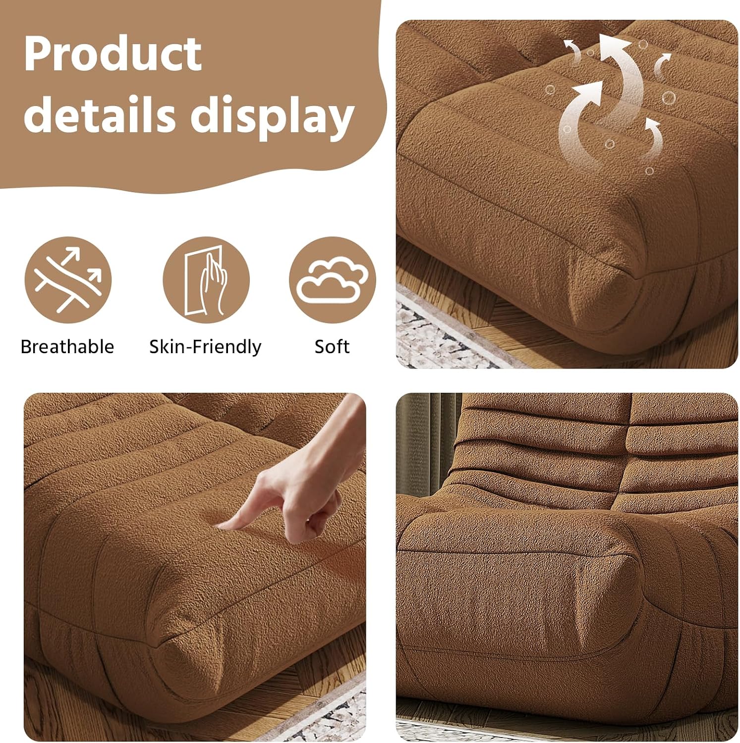 Giant Bean Bag Chair for Adults - Teddy Fleece Fireside Accent Chair with Memory Foam, Comfy Lazy Floor Sofa Couch Boneless Chaise Lounge for Living Room Bedroom Home Theaterr, 1 Seater, Brown