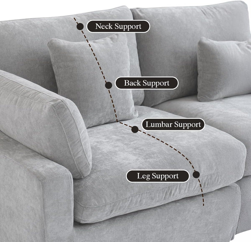 Modular Sectional Sofa Cloud Couch, 82.68' Loveseat Sofa with Chaise Ottoman, Linen Blend Fabric Minimalist Deep Seat Couches for Apartment Small Space, Sofa Covers Washable&Removable, Grey