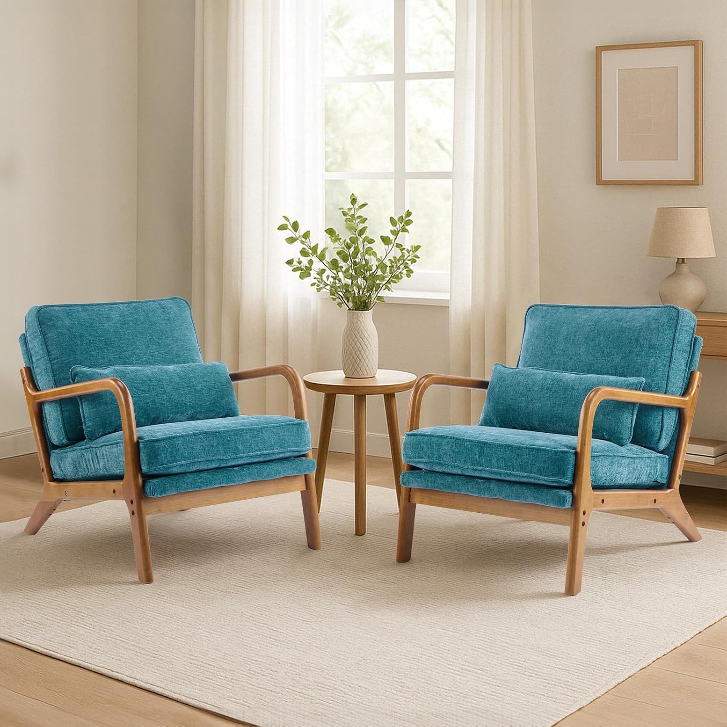 Karl home Mid Century Modern Accent Chair with Lumbar Pillow & Oak Arms – Plush Chenille Living Room Chair for Bedroom, Lounge (Teal)
