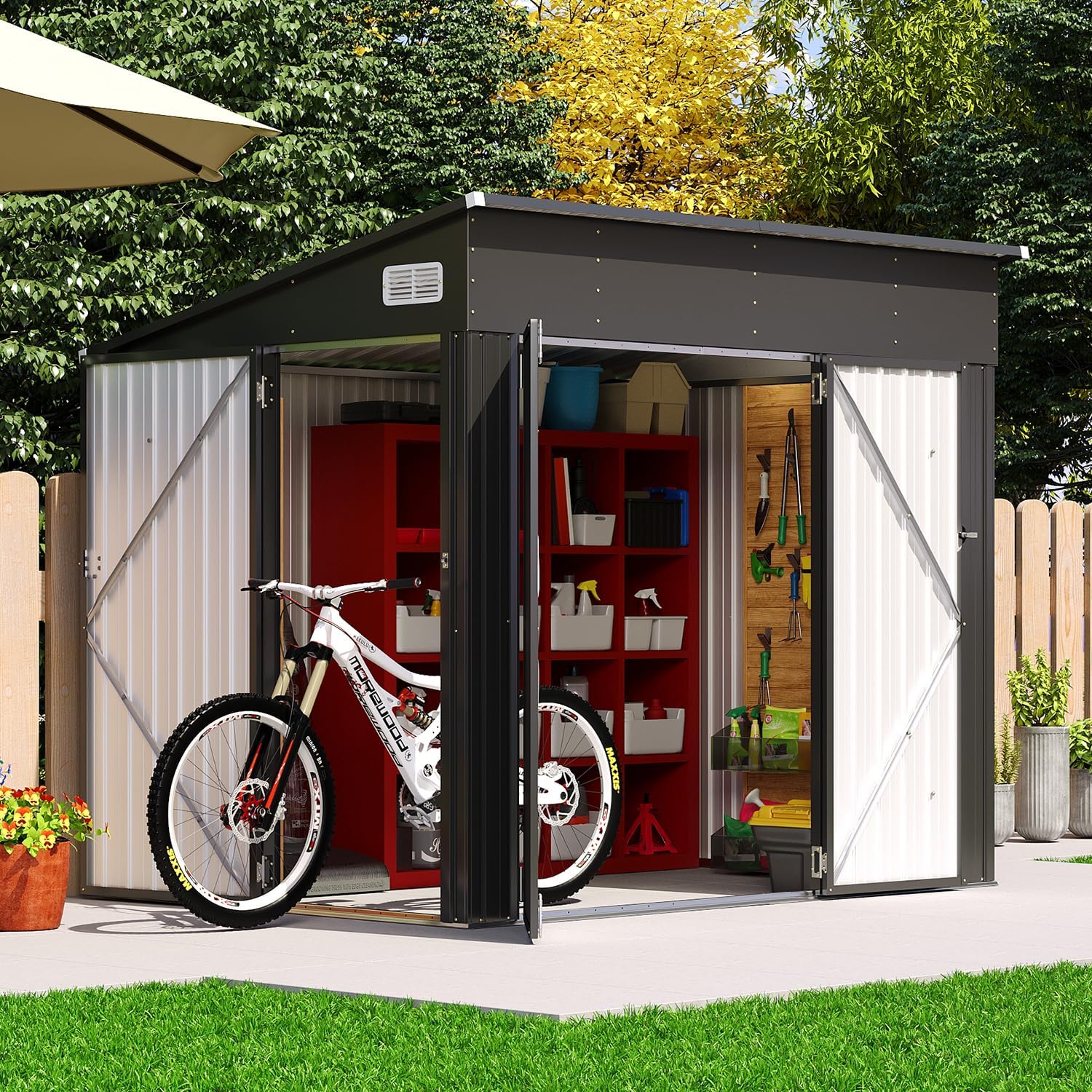 7.3'x5.3' Outdoor Metal Storage Shed with Triple Lockable Doors & Sloping Roof for Tools, Bicycles, and Garden Equipment